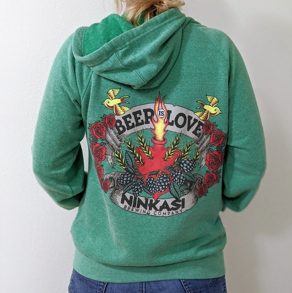 Ninkasi Brewing Beer is Love green zip up hoody
